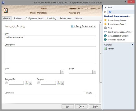 Configure SCSM runbook activity template